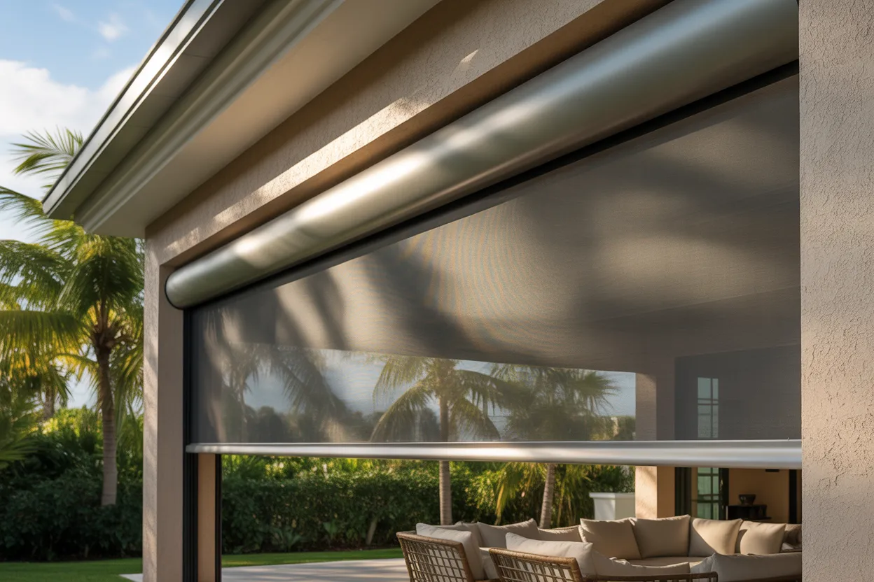 Motorized awning system with remote control deployed over Venice, FL patio